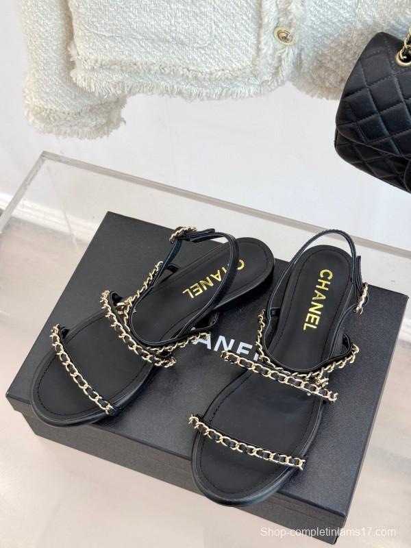 2025 Women Chanel Black Leather Slingback Sandals Chain KFY00270