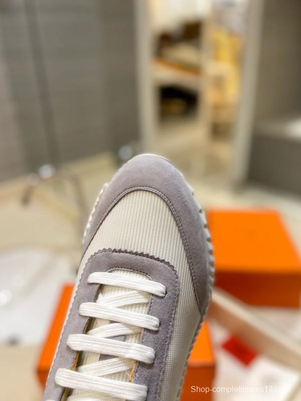 2024 Unisex Hermès White Grey Silk Leather Sneakers MJ00320