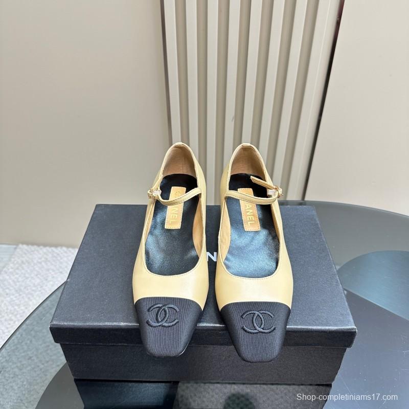 2025 Women Chanel Beige Black Leather Mary Jane Shoes KFY00290