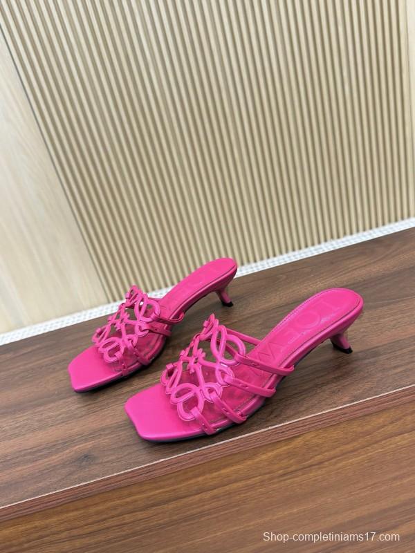2025 Women Loewe Pink Leather Heeled Sandals LY00210