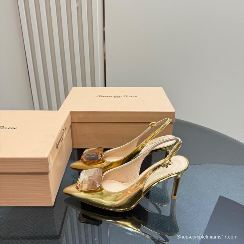 2025 Women Gianvito Rossi Gold Leather Slingback Gemstone KFY00300