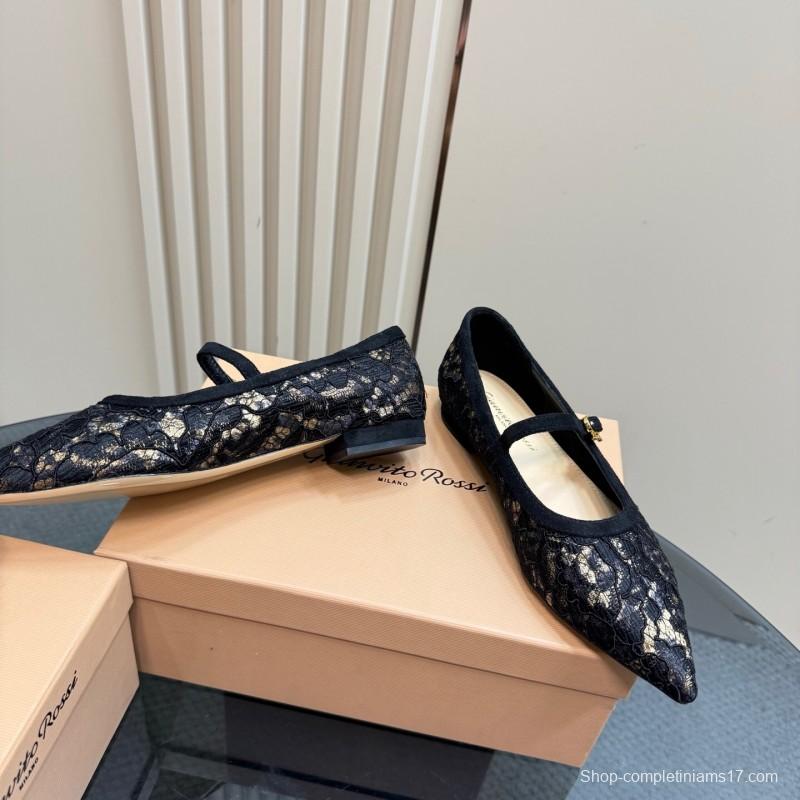 2025 Women Gianvito Rossi Black Lace Leather Mary Jane KFY00260
