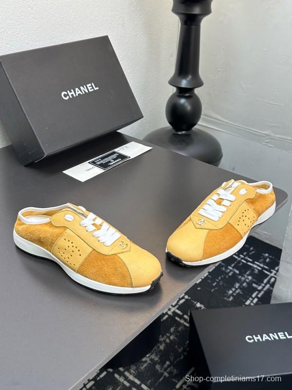 2025 Women Chanel Yellow Suede Casual Sneakers Handmade CC Logo LY00360(F)