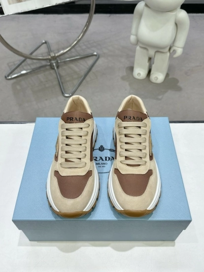 2025 Women Prada Beige Brown Leather Sneakers KFY00310