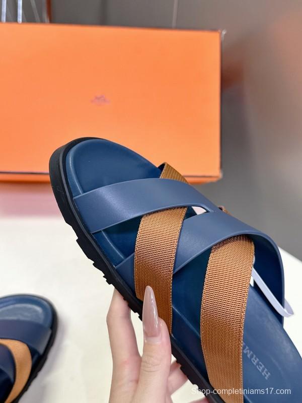 2025 Slippers Hermès Blue Brown Leather Slippers