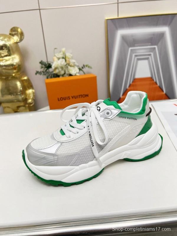 2025 Unisex Louis Vuitton White Green Leather Mesh Rubber Sneakers LY00340