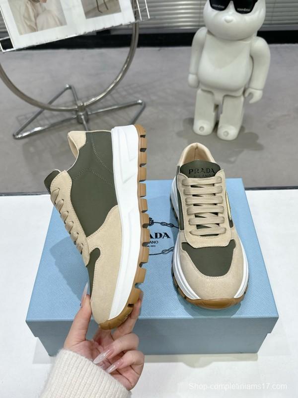 2025 Women Prada Beige Green Nubuck Leather Sneakers KFY00310