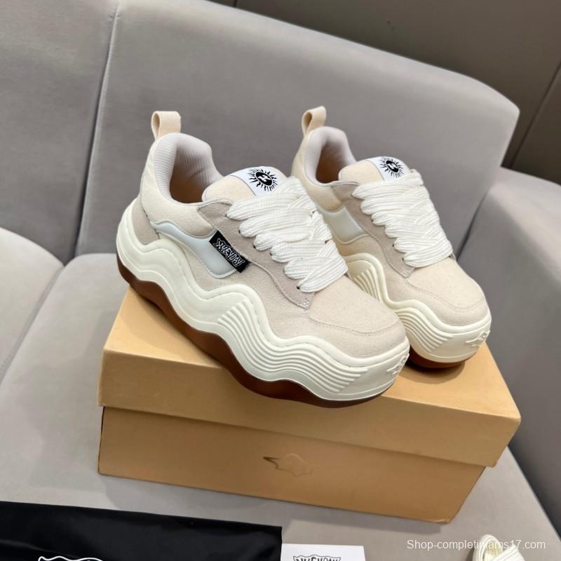 2025 Unisex HEYDAY Beige White Canvas Leather Wave Bread Sneakers KFY00260