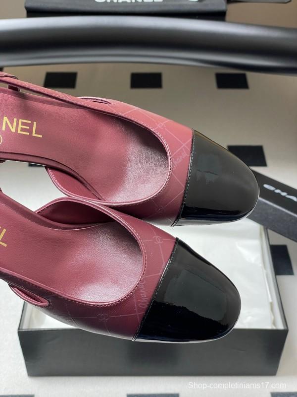 2025 Women Chanel Burgundy Black Leather Sling-back Chunky Heel