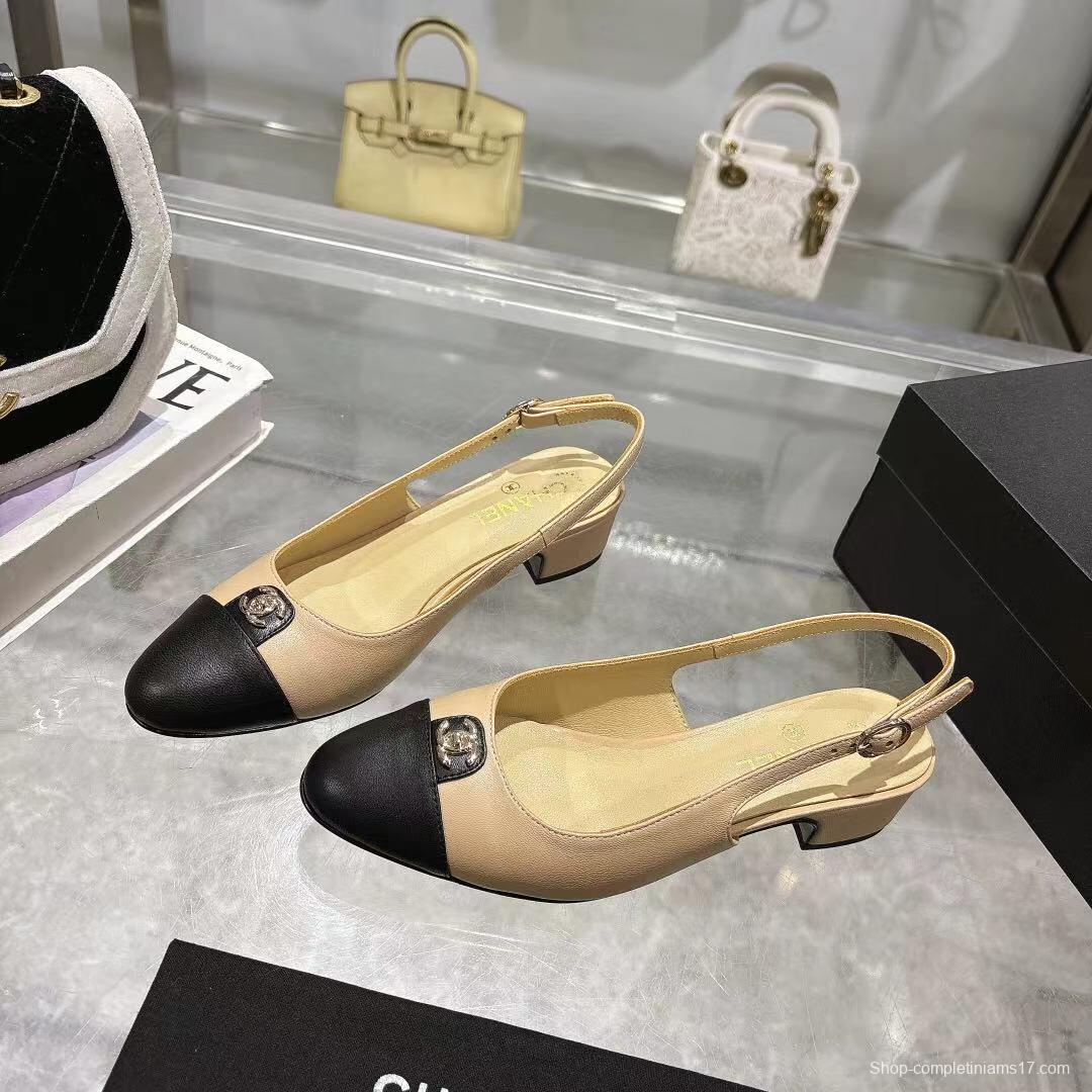 2025 Women Chanel Beige Black Leather Slingback Sandals LY00300