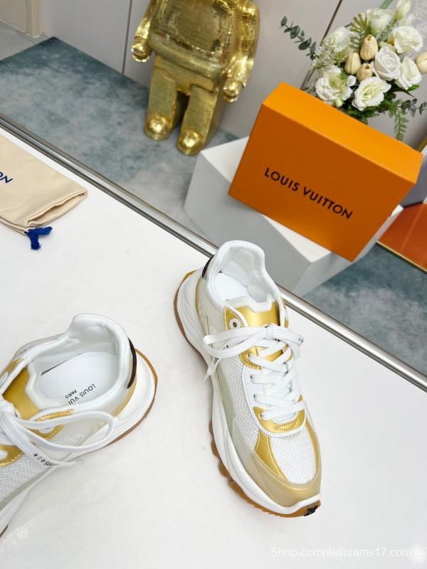 2025 Women Louis Vuitton White Gold Mesh Leather Sneakers LY00340