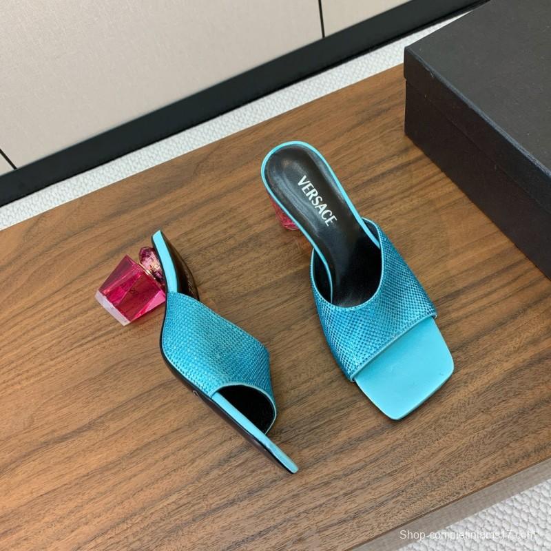 2025 Women VERSACE Blue Leather Slippers