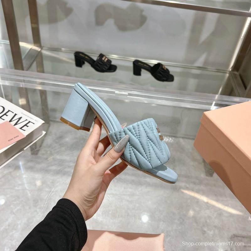 2025 Women Miumiu Light Blue Sheepskin Heeled Sandals