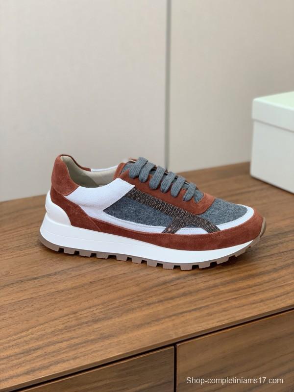 2025 Unisex Brunello Cucinelli Grey Brown White Suede Fabric Sneakers LY
