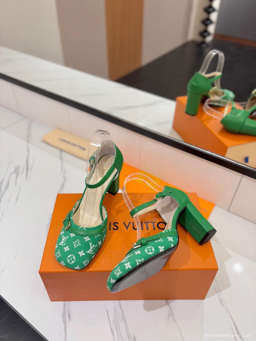 2025 Women Louis Vuitton Green White Denim Pumps LV Buckle KFY00310