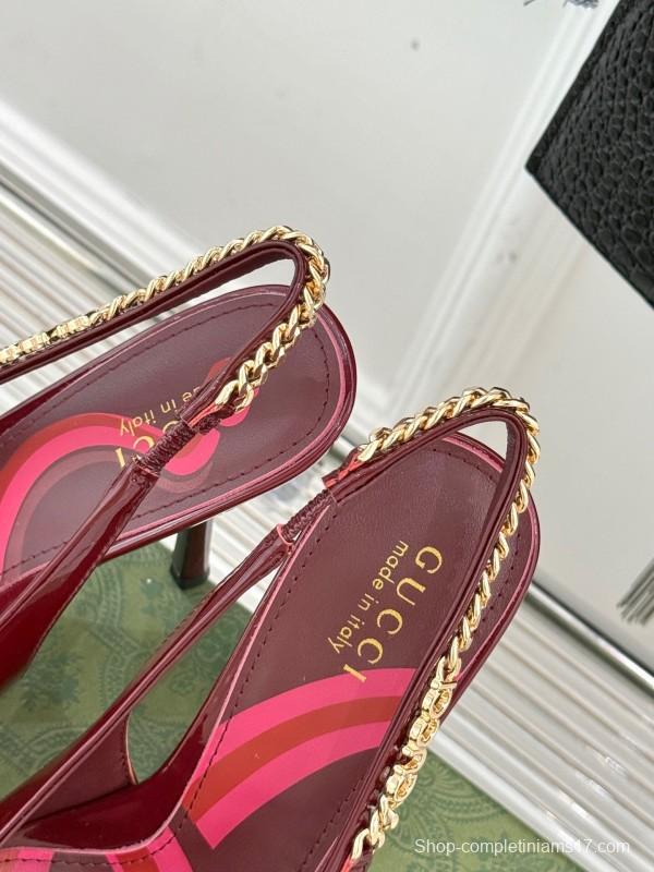 2025 Women Gucci Burgundy Patent Leather Slingback Chain High Heel KFY00300