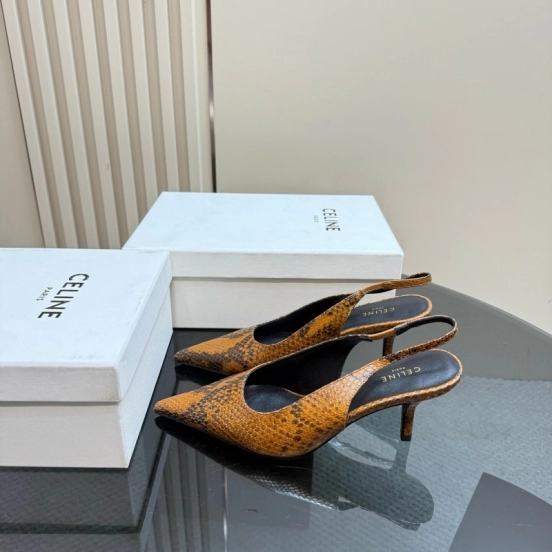 2025 Women Celine Brown Snakeskin Leather Slingback Heels