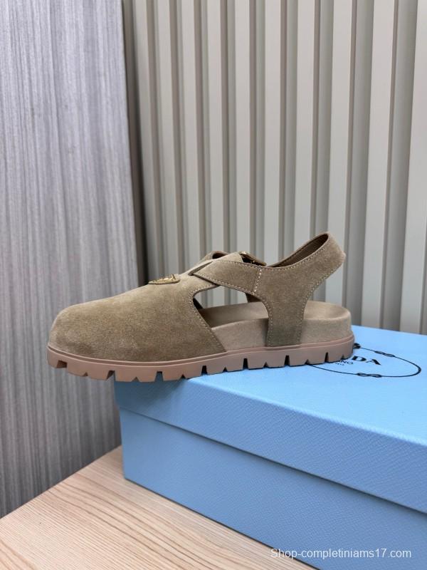 2025 Women Prada Khaki Suede Sandals LY00280