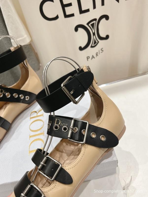 2025 Women Dior Beige Black Leather Mary Jane Buckle Flats
