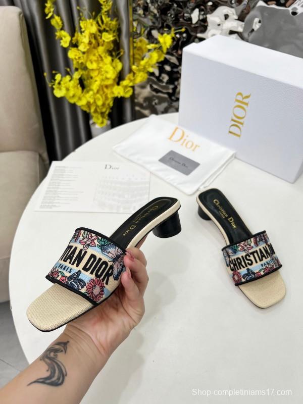 2025 Women Dior Black Beige Embroidery Mid Heel Slippers