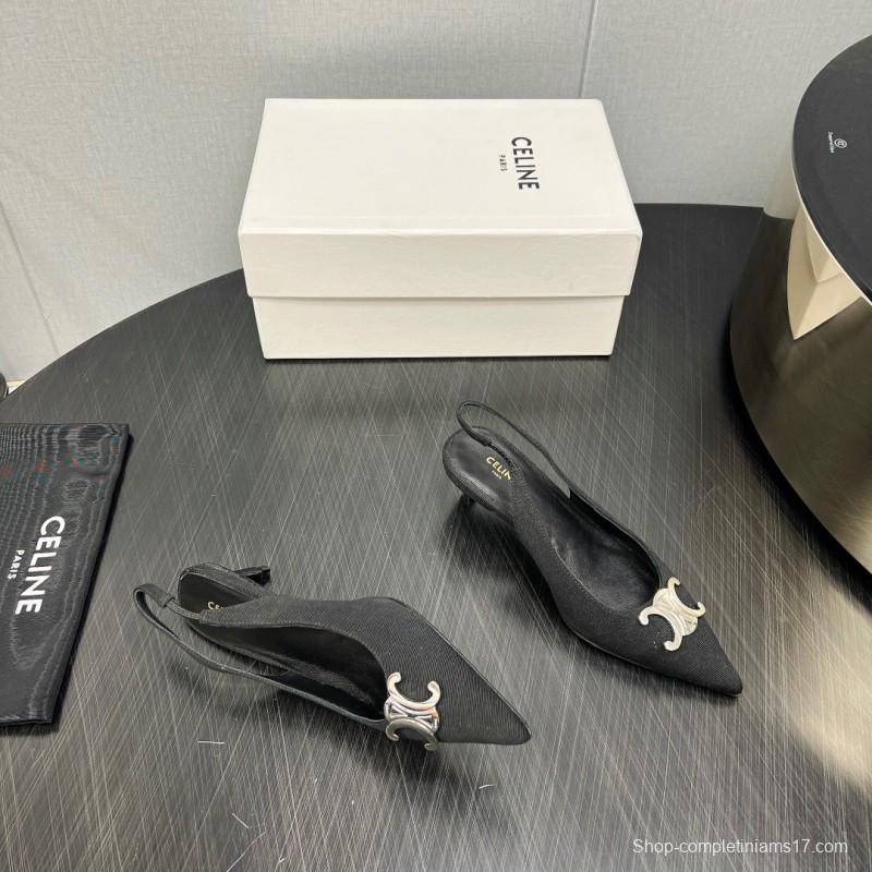 2025 Women Celine Black Fabric Leather Slingback Kitten Heels KFY00290