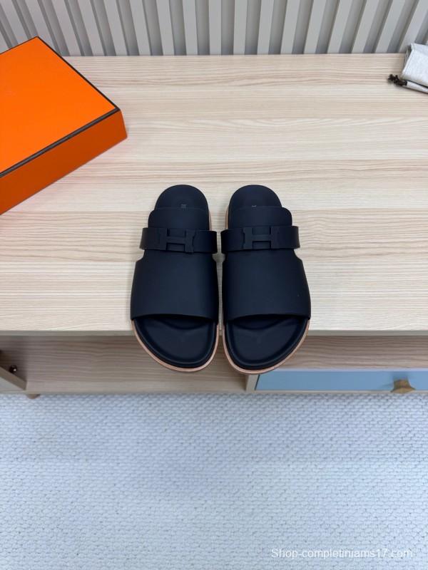 2025 Hermès Black Leather Slippers