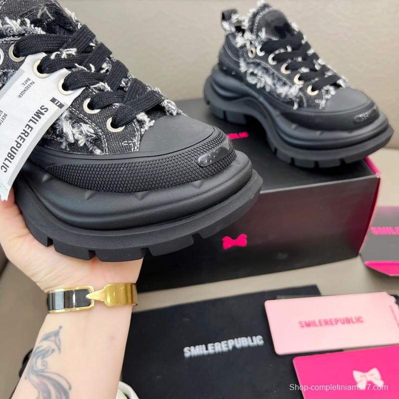 2025 Women SmileRepublic Black Tweed Leather Canvas Chunky Sneakers LY00291