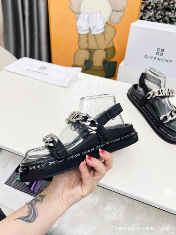 2025 Women Givenchy Black Leather Sandals Chain LY00260