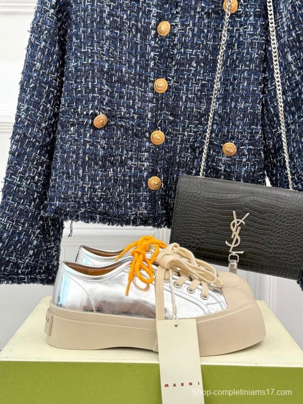 2025 Women Marni Silver Leather Thick Sole Retro Style Platform Sneakers LY00360(F)