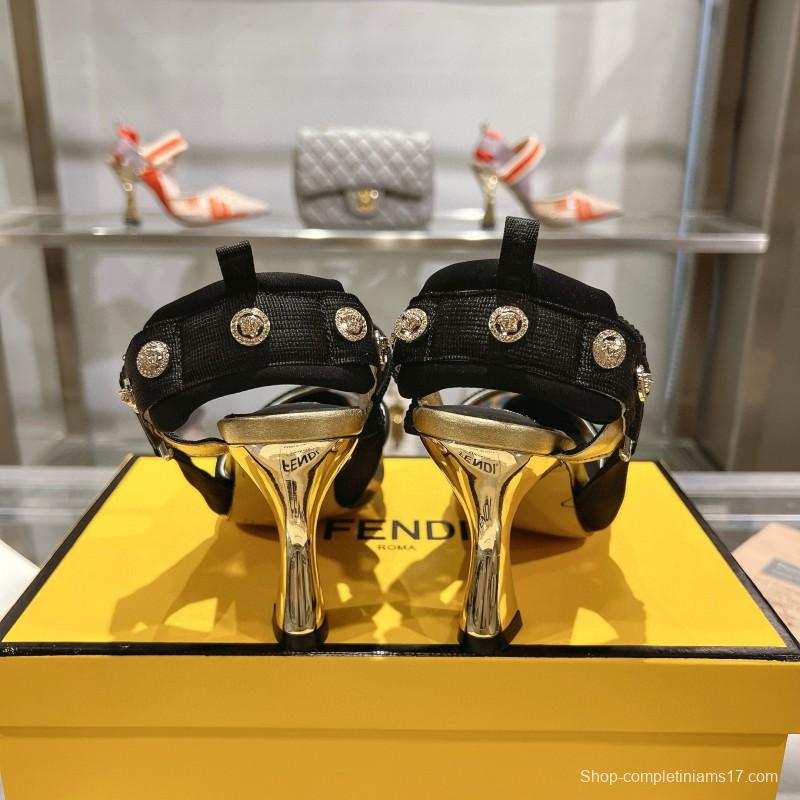 2025 Women Fendi Brown Black Leather Mesh High Heels MJ00280