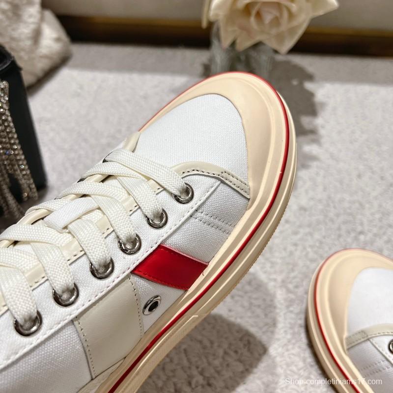 2025 Unisex Bottega Veneta White Red Canvas Leather Sneakers LY00