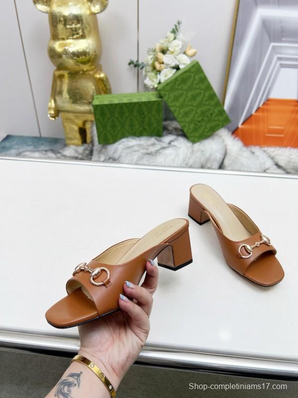 2025 Women Gucci Brown Leather Mules Classic Buckle MJ00180/215