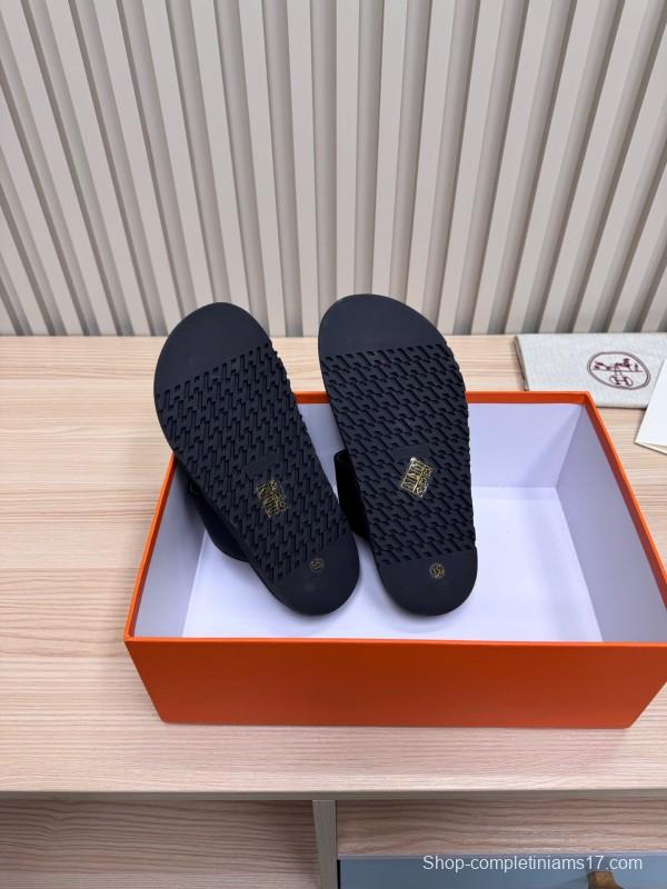 2025 Women Hermès Black Leather Slippers