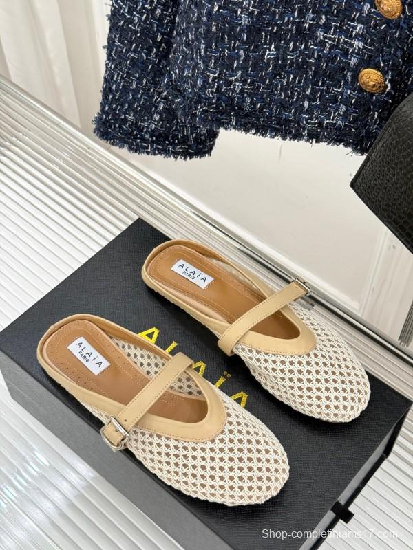 2025 Slippers ALALIA Beige Mesh Leather Flat Buckle