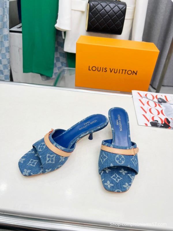 2025 Women Louis Vuitton Denim Blue Leather Heeled Sandals LY00260