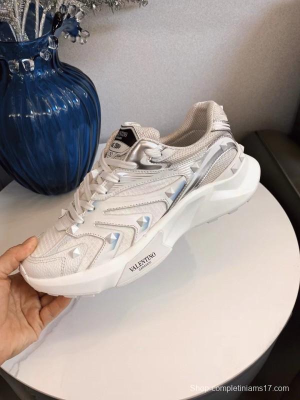 2024 Unisex Valentino White Silver Mesh Leather Sneakers MJ00410