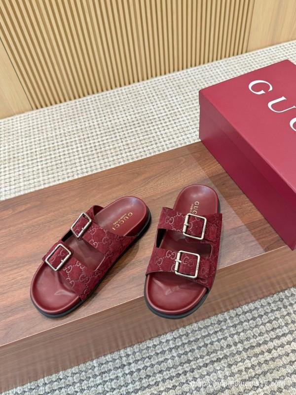 2025 Women Gucci Red Suede Leather Sandals Double Buckle LY00260