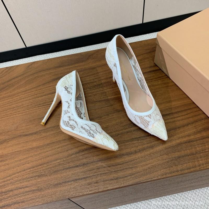 2025 Women Gianvito Rossi White Lace Leather Pumps KFY00280