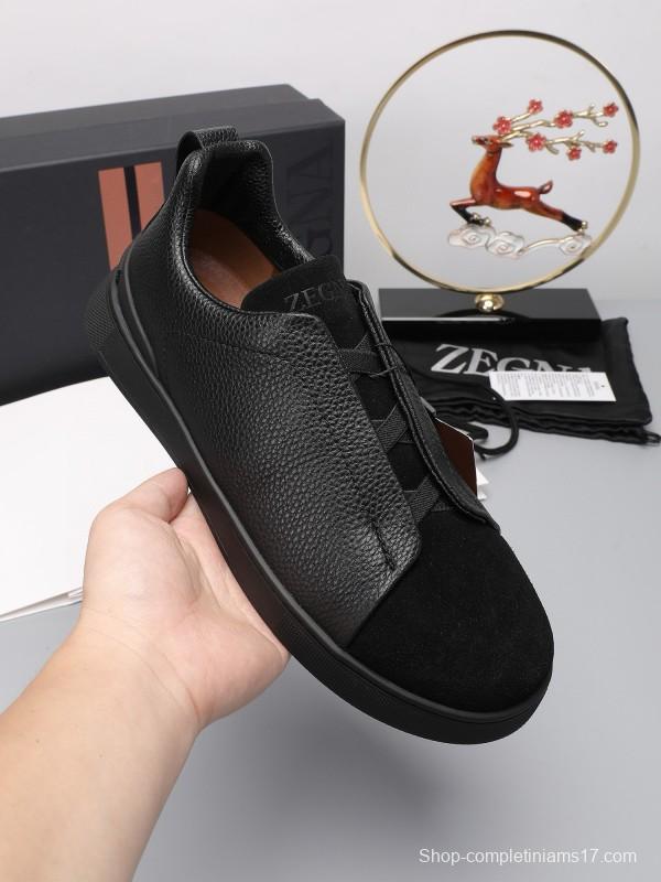 2024 Men Ermenegildo Zegna Black Leather Suede Sneakers MJ00240
