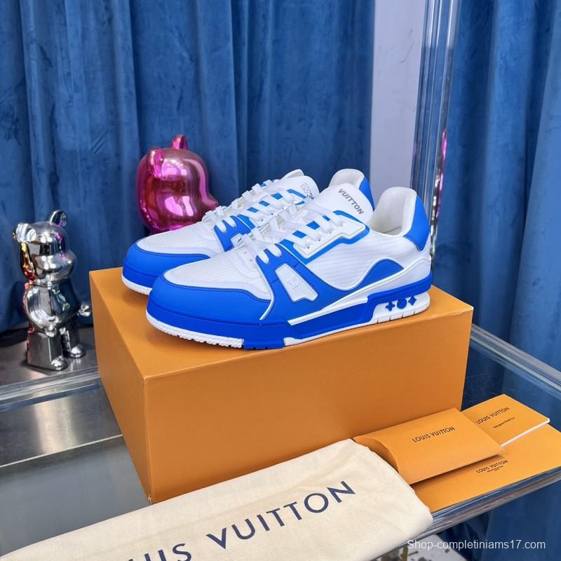 2025 Men Louis Vuitton White Blue Leather Trainer