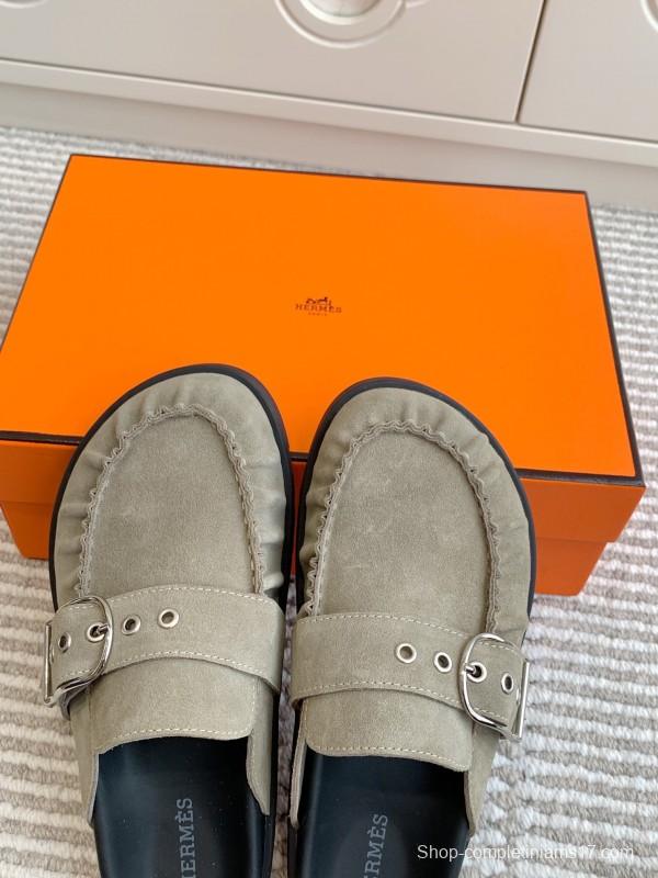 2025 Women Hermès Grey Suede Mule Shoe KFY00290