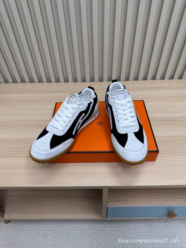 2025 Unisex Hermès White Black Suede Down Fabric Sneakers Top Version KFY00300