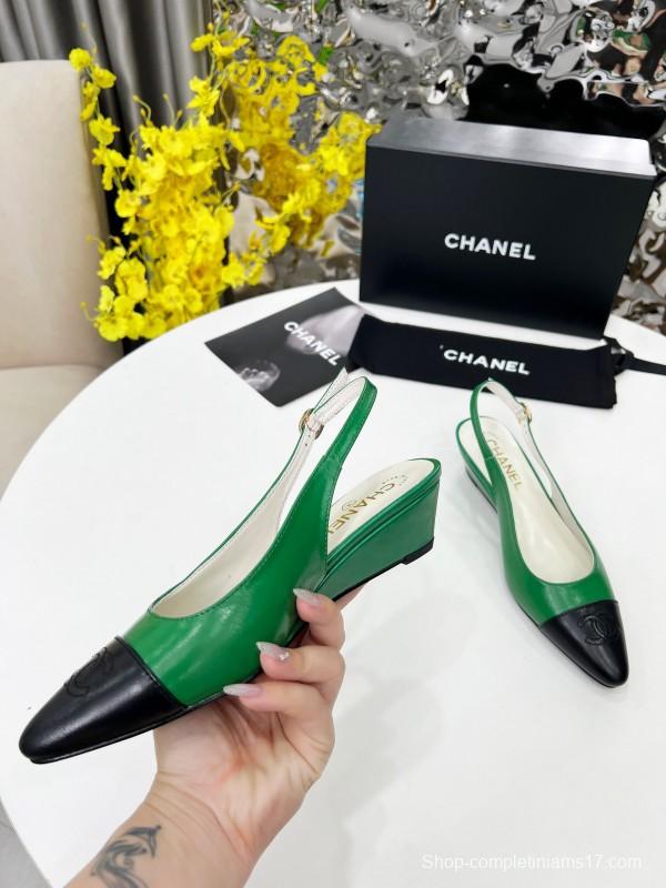 2025 Women Chanel Green Black Leather Slingback Flats