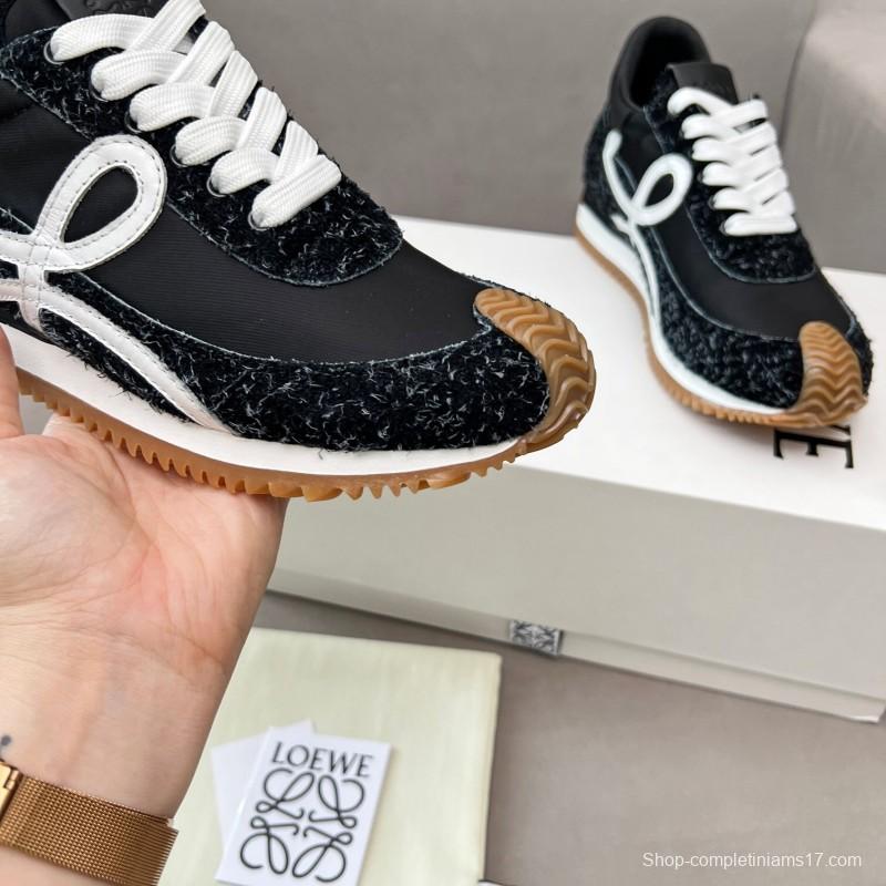 2025 Women Loewe Black White Leather Fabric Sneakers