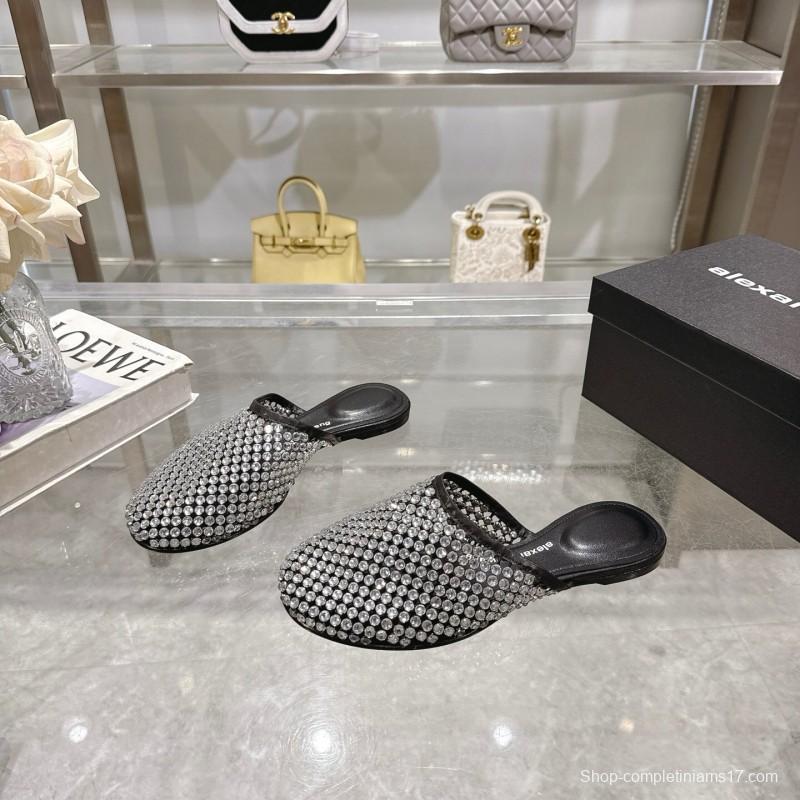 2025 Slippers Alexander Wang Black Crystal Mesh Leather Slippers LY00310