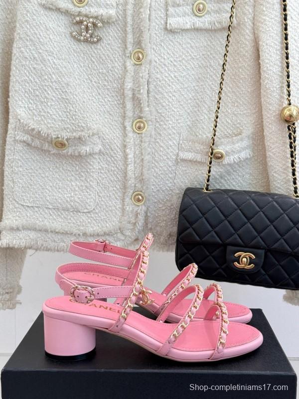 2025 Women Chanel Pink Leather Chain Strap Sandals