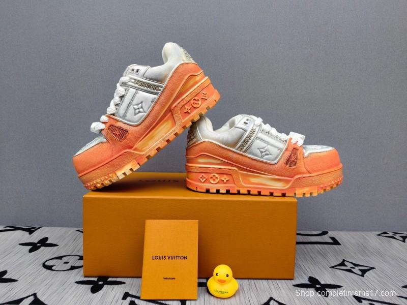 2025 Unisex Louis Vuitton Orange White Denim Leather Plimsolls Complex Wash KFY00510