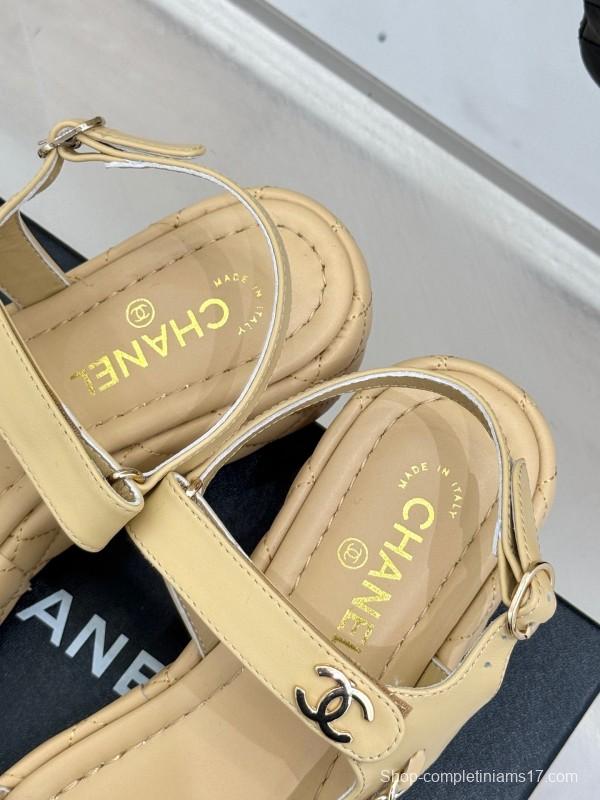 2025 Women Chanel Beige Leather Platform Sandals Chain KFY00270