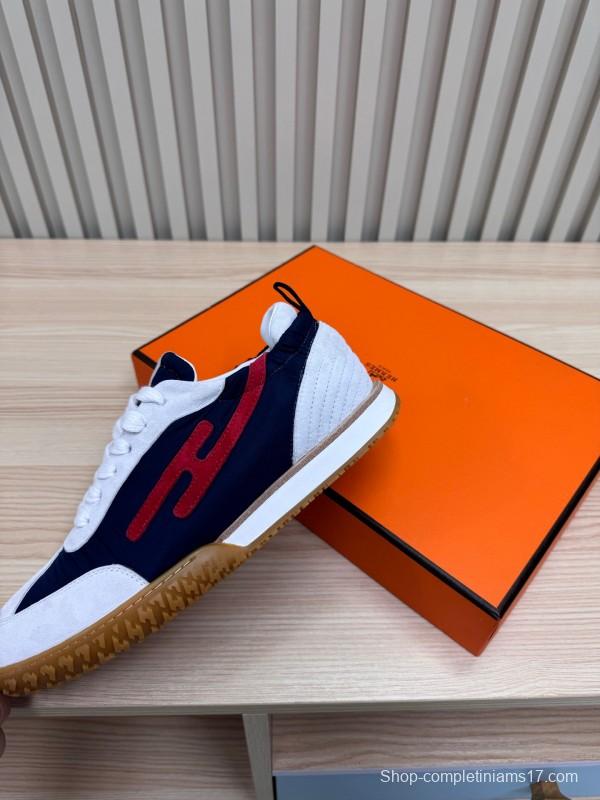 2025 Unisex Hermès White Navy Red Suede Down Fabric Sneakers KFY00300