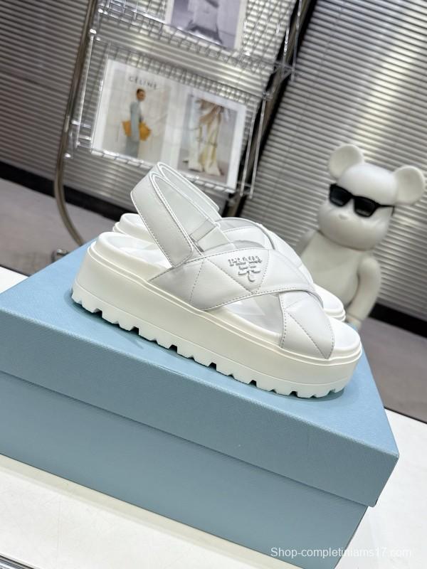2025 Women Prada White Leather Sandals KFY00280